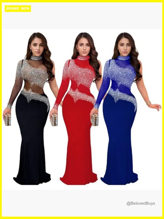 Rhinestone Sequin Maxi Dress Long Sleeve Bodycon Formal Club Night Out - Picture 6 of 7